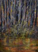 Jennifer M Wheten (Welsh 1941-2021) acrylic on board, abstract woodland scene, initialled lower