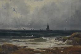 Henry Hadfield Cubley (British 1858-1934) oil on canvas, 'Off Whitby' coastal scene with boats,