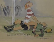 After Mark Huskinson (British 1935-2018) humorous colour print 'And Scored Between the Posts' signed