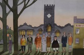 Ian Dunn (local contemporary) ink and watercolour 'Parish Church Wedding' signed lower right,