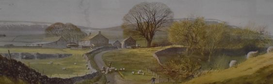 After Alan Ingham (British 1920-1994) colour print, local farm scene with sheep, within a stepped