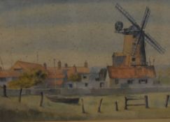 Artist unknown, 20th century English school watercolour, Norfolk windmill scene, likely Cley