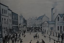 After Laurence Stephen Lowry (British 1887-1976) colour lithograph 'Level Crossing, Burton-on-