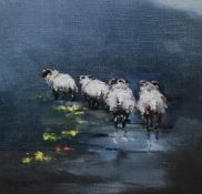 Vega (Scottish Contemporary) coloured print of sheep, within a stepped card mount and stained wooden