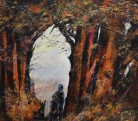 Jennifer M Wheten (Welsh 1941-2021) acrylic on board 'The Way Through' woodland scene with