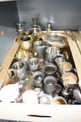 A collection of assorted plated and pewter ware including tankards, goblets and cups etc