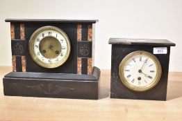 A 19th century black slate mantel clock of square form having enamelled dial with two winding holes,