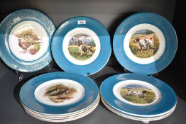 A set of twelve King Street Pottery cabinet plates having blue/green band with gilt decoration and