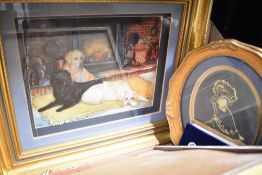 A carton of assorted embroidered and decoupage pictures