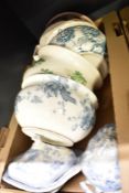 Four assorted vintage chamber pots sold along with a blue and white cheese dome and small tureen