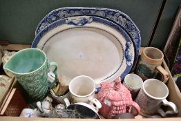 Two large blue and white platters and another similar, a large Wade jug, a Daintee Ladyee tea pot,