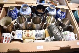 A Lovatt-Langley Mill 1.5pt jug, two pairs of mainly blue and white vases, five pewter tankards sold
