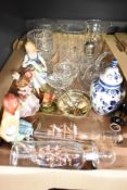 A small collection of glass ware including a cut glass water jug, a celery jar, vases and bowls, a