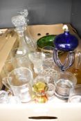A vintage Jozefina Krosno Poland hand blown octopus oil lamp, a pair of pressed glass decanters, a