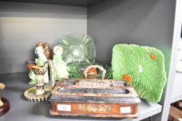 A Victorian brass bound ink stand, an Art Deco green glass serving bowl and matching plate, a pair