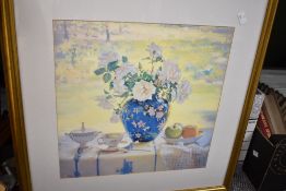 Five assorted pictures and prints including a still life depicting white roses etc