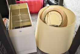 A pair of rectangular white linen lamp shades 44cm x 23cm at base, an ivory silk style lamp shade