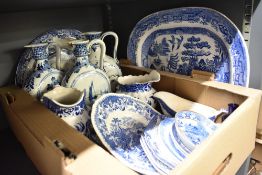 A large group of blue and white ceramics, to include Willow Burslem, Delfts, Seaforth, Landscape