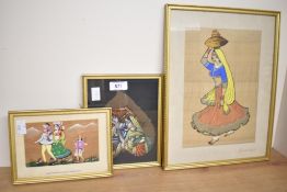 A picture of an Indian girl carrying water painted onto silk mounted framed and glazed 34cm x 26cm