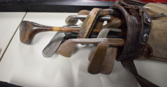 Hickory Shafted Vintage Golf Clubs, Putters and Irons x 8 Driver x1, canvas bag with mixed clubs