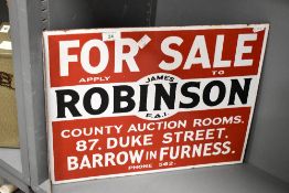 An enamel double sided James Robinson For Sale sign, w46cm