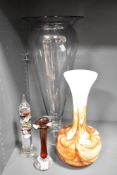 A mid-century Vetreria Berberi style opaline vase, h30cm, sold together with ruby glass vase and two