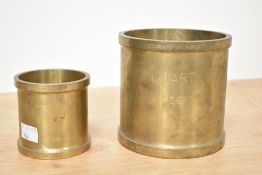 Two 1960's Avery De Grave military brass measures 'Half Pint' KE 3675 1964 and 'Quart' KE 3677 1963,
