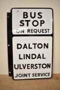 A double sided enamel bus stop sign for Dalton, Lindal and Ulverston, h53.5cm