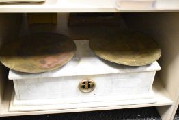 A large vintage marble set of French Boulangerie scales, measures 62cm x 26cm x 20cm.