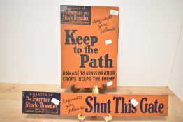 Two vintage 'The Reader of The Farmer and Stock Breader' metal farm signs 'Please Shut This Gate'