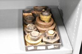 A box containing various scale weights, to include a Avery 1 lb, a 200g, 100g and a 8 oz, (22)