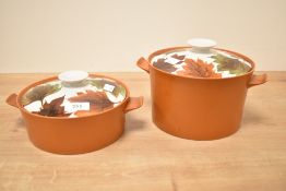 Two decorative 1970's Ovan King (Italy) lidded cooking pots, the domed circular cover with knopped