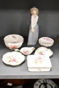 A Nao porcelain figurine, h23cm, sold together with 6 Royal Crown Derby pin dishes, (7)