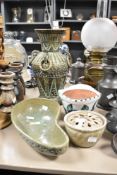 A small selection of studio pottery to include a large ashtray with signature to underside,