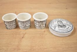 A group of 3 Holloway's ointment pot's, h3.5cm, sold together with a pot lid, (4)