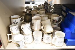 A large group of tankards each decorated with various scenes, to include Vale Lodge, A Memento of