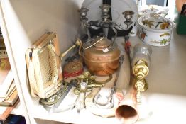 A selection of brass ware and similar to include a horse-head coat hook, kettle and candlesticks