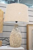 A pair of contemporary stone effect table lamps having geometrical patterns and shade, h53cm, (2)