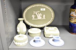 A pair of Wedgwood jasperware candlesticks, h3.5cm, sold together with 3 trinket boxes, a vase and