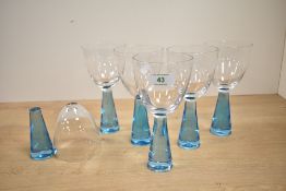 A group of 6 martini glasses having aqua blue base, h18.5cm