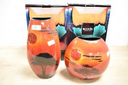Two Poole Pottery African Sky pattern Purse and Manhattan vases, moulded marks to base of each and