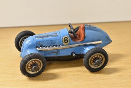 A Schuco Studio clockwork & tin plate No 1050 Mercedes Car, missing key, racing number 6, blue