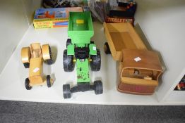 A Tonka Toys Tractor and Trailer along with two Wooden Toys, Tractor and Truck