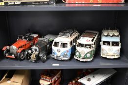 Five modern reproduction tin plate Vehicles, VW Campervans x3 having various decoration, No 8 Racing