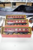 Hornby 0 Gauge Tin Plate LMS No 2 Corridor Coaches 3888 and 6844 x2, all in original boxes
