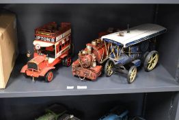 Three modern reproduction tin plate Vehicles, Liptons Bus with card box, 0-6-4 Locomotive and a