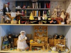 Miniature Dolls House Display, Haberdashery Shop and Kitchen, on two levels, 54cm x 44cm