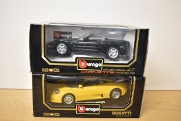 Two Burago 1:18 scale die-casts, 3045 1991 Bugatti EB 110 and 3076 1998 Chevrolet Corvette