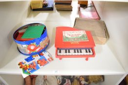 Vintage Lego, small amount in tin along with a Pixiano Music Book toy Piona