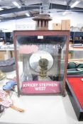 Railway Station Original Oil Lamp Case, Kirby Stephen West, metal and glass with original naming